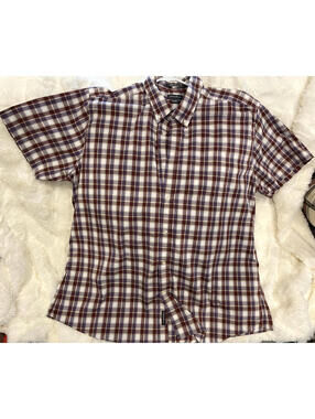 Eddie Bauer Shirt Mens 2XL Purple Plaid Wrinkle Free Classic Fit Short Sleeve